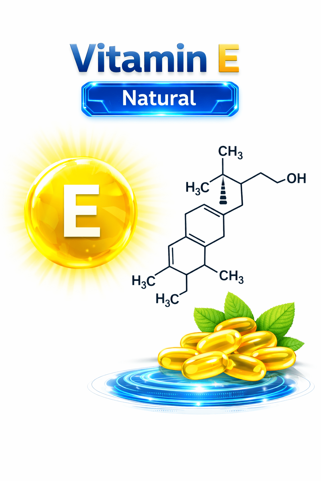 Vitamin E Natural dengan struktur kimia dalam tampilan UI futuristik 4K berwarna biru modern dan kapsul emas bercahaya